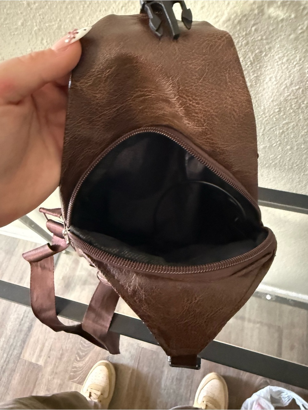 Brown Leather-Look Sling Backpack Crossbody Bag with USB Charging Port - Picture 6 of 7
